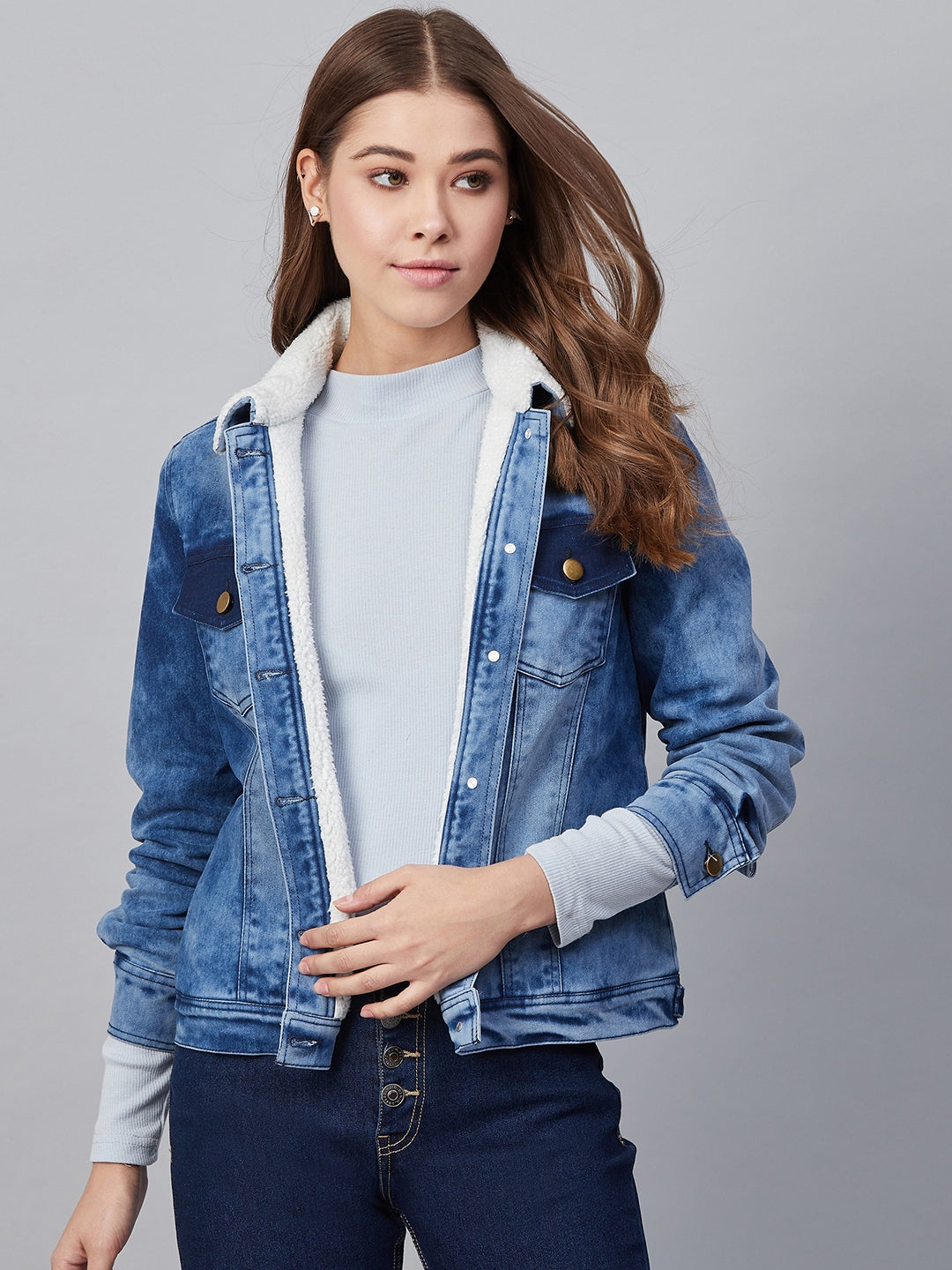 Women's Denim Jacket with Soft Warm Faux Fur Lining inside & Washed Pocket  effect - StyleStone