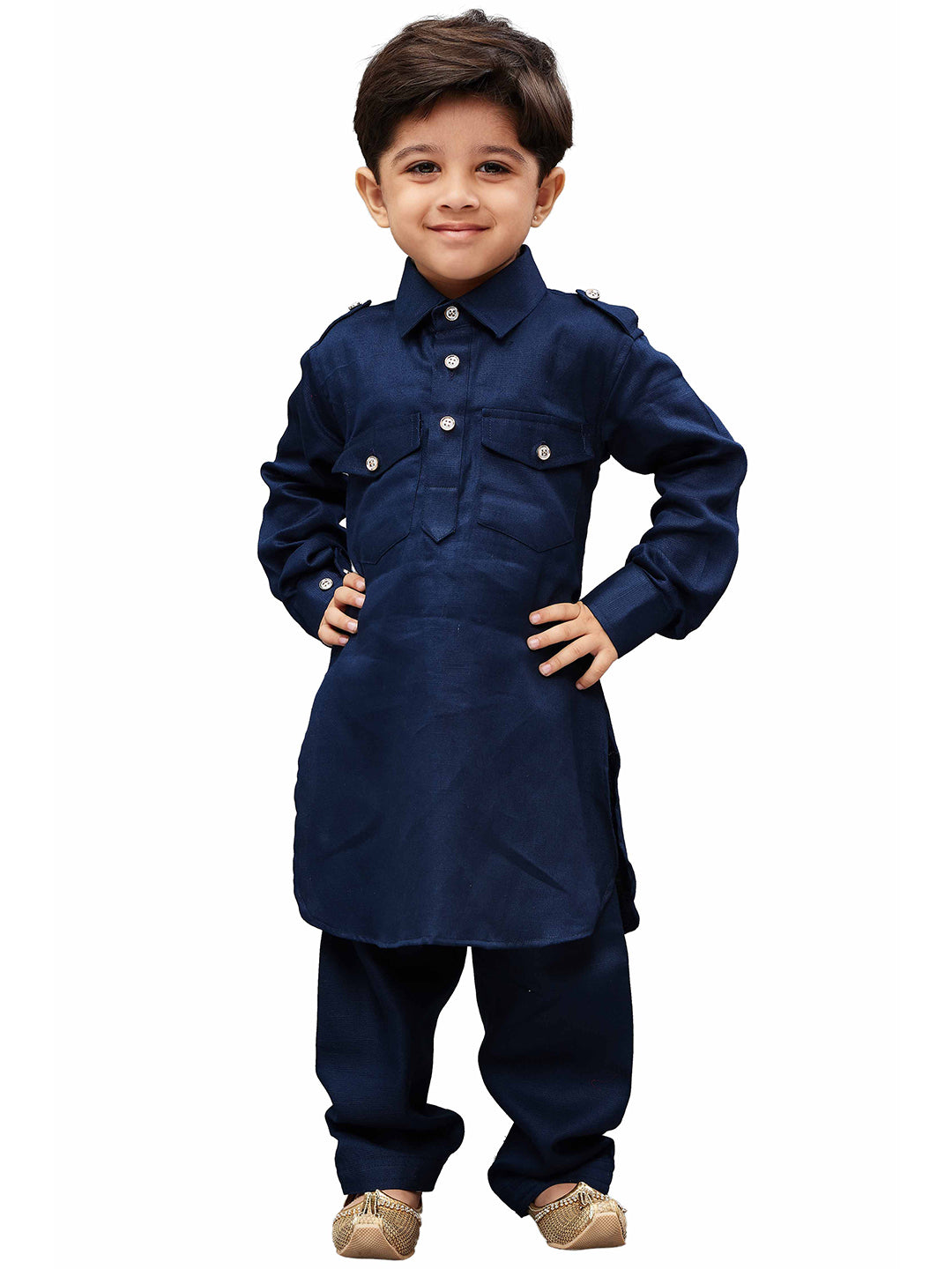 Boy's Navy Blue Cotton Pathani Kurta Set - JBN Creation