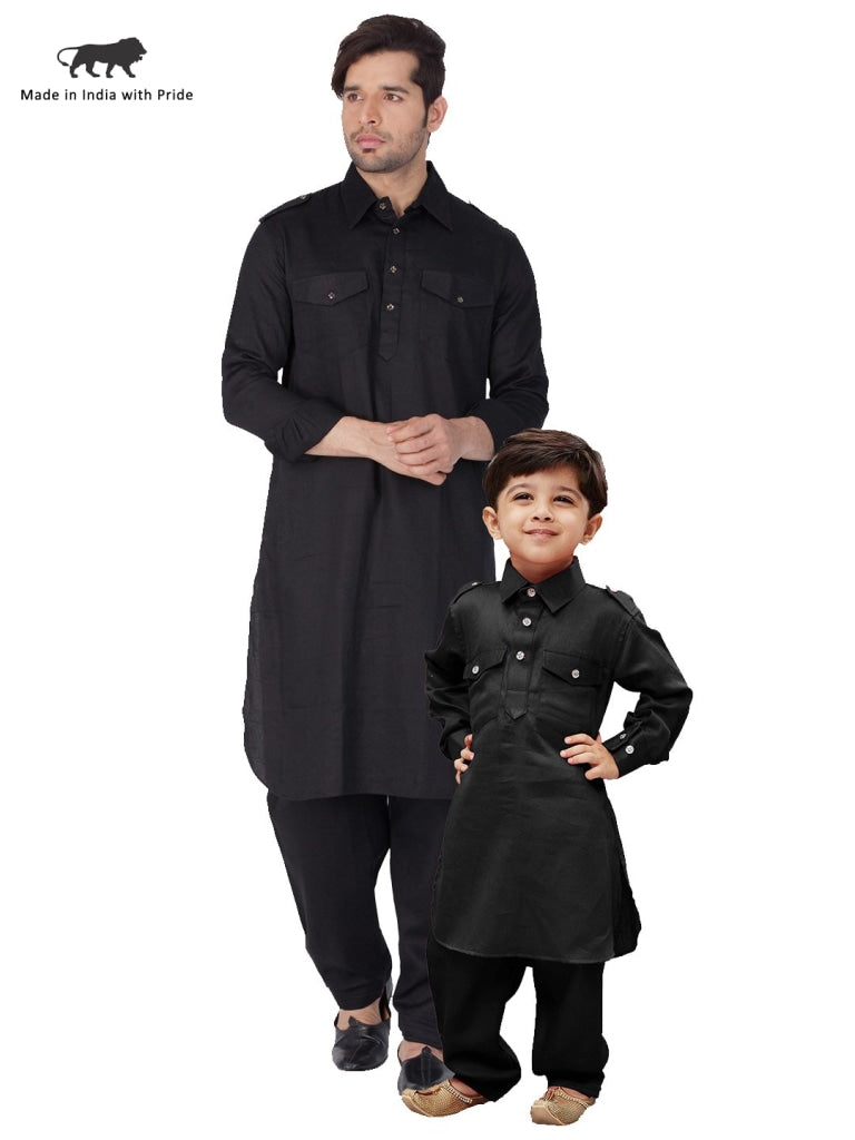 Jashvi Men and Boys Black Cotton Pathani Khan Suit Set