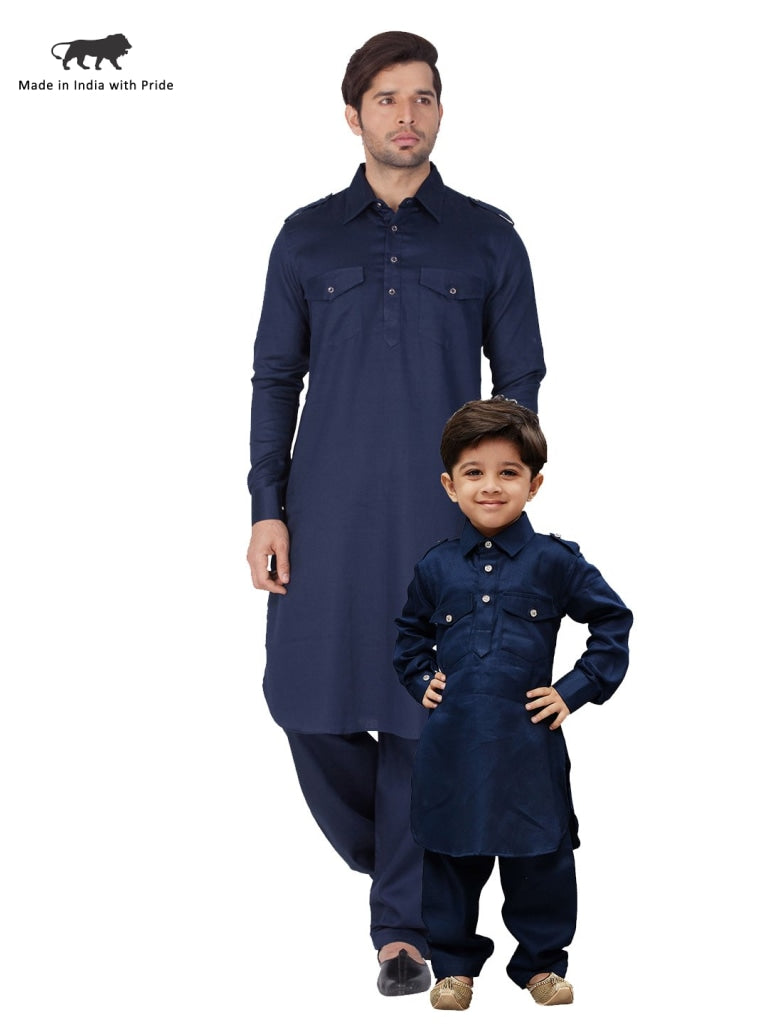 Jashvi Men and Boys Blue Cotton Pathani Khan Suit Set