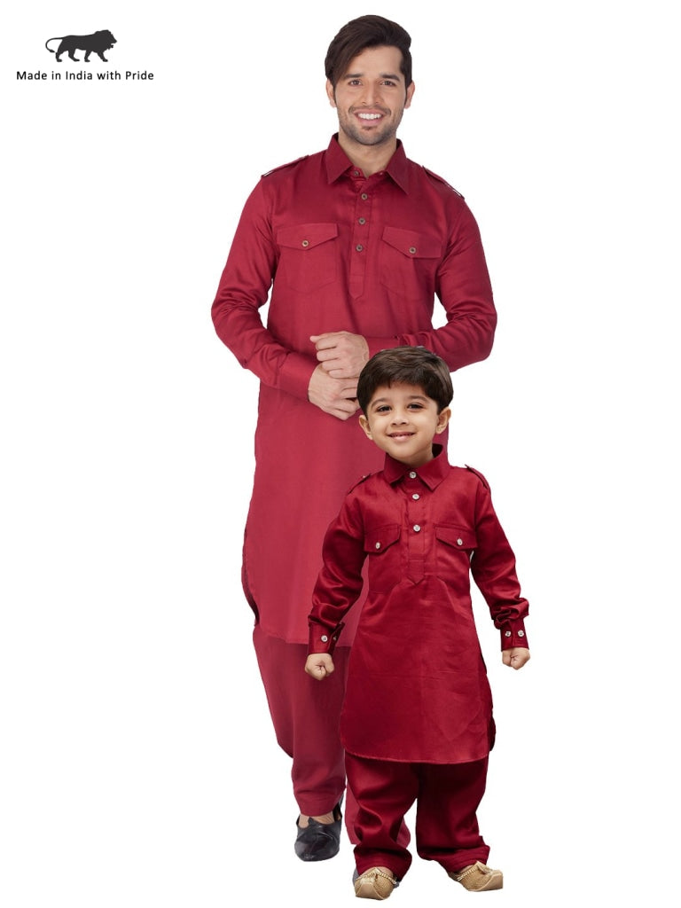 Jashvi Men and Boys Maroon Cotton Pathani Khan Suit Set