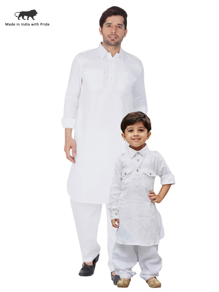 Jashvi Men and Boys White Cotton Pathani Khan Suit Set