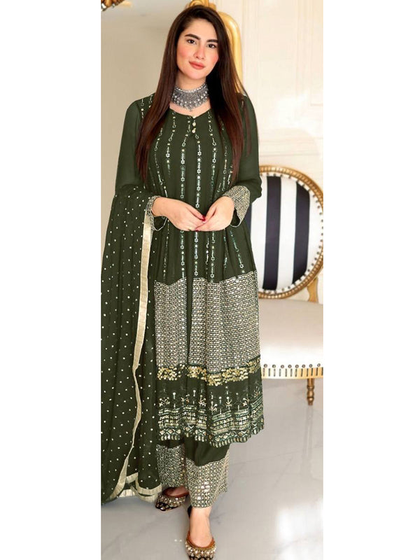 Olive Georgette Embroidery Anarkali With Dupatta Set