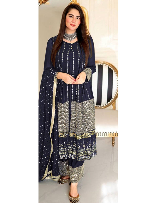 Blue Georgette Embroidery Anarkali With Dupatta Set