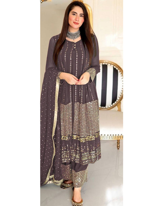 Fossil Grey Georgette Embroidery Anarkali With Dupatta Set