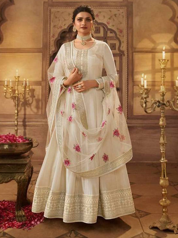 Off White Dola Silk Embroidery Anarkali With Dupatta Set