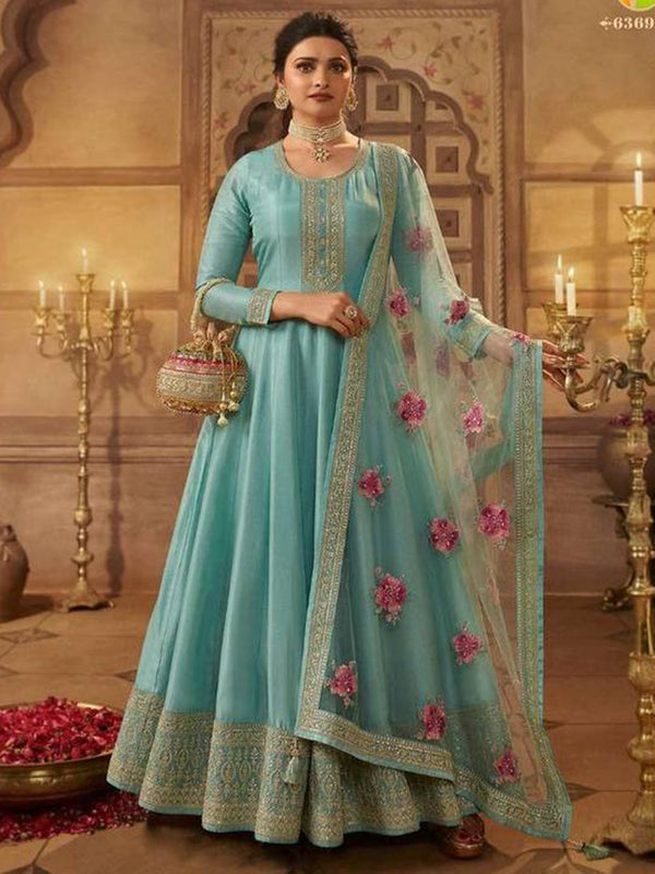 Blue Dola Silk Embroidery Anarkali With Dupatta Set