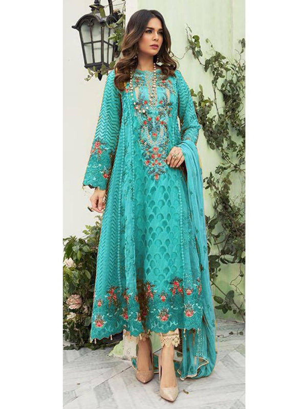 Aqua Georgette Embroidery Anarkali With Dupatta Set