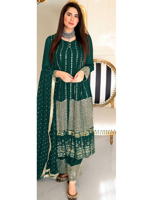 Green Georgette Embroidery Anarkali With Dupatta Set