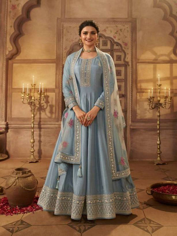 Pastel Blue Dola Silk Embroidery Anarkali With Dupatta Set