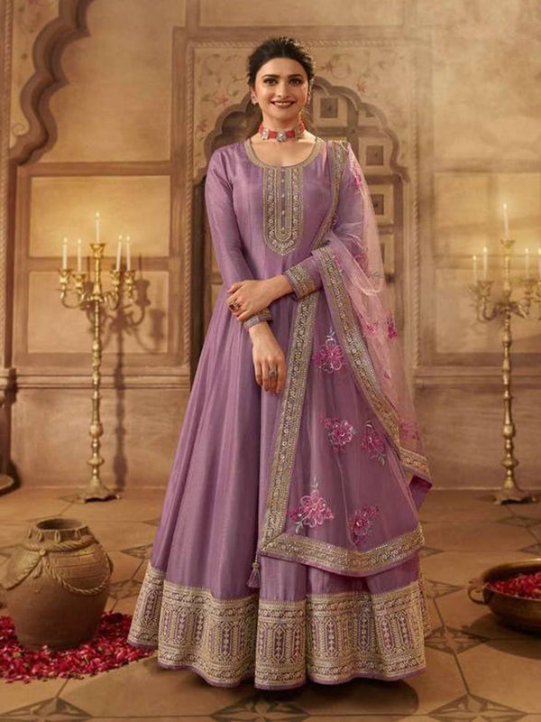 Purple Dola Silk Embroidery Anarkali With Dupatta Set