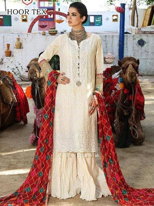 Off White Cotton Embroidery Anarkali With Dupatta Set