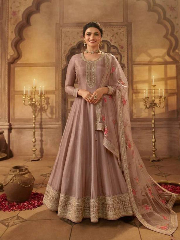 Peach Dola Silk Embroidery Anarkali With Dupatta Set