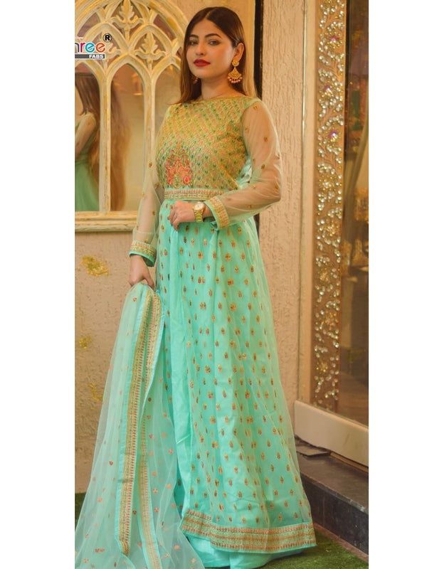 Mint Green Net Embroidery Anarkali With Dupatta Set