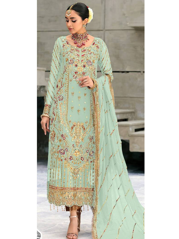 Mint Georgette Embroidery Anarkali With Dupatta Set