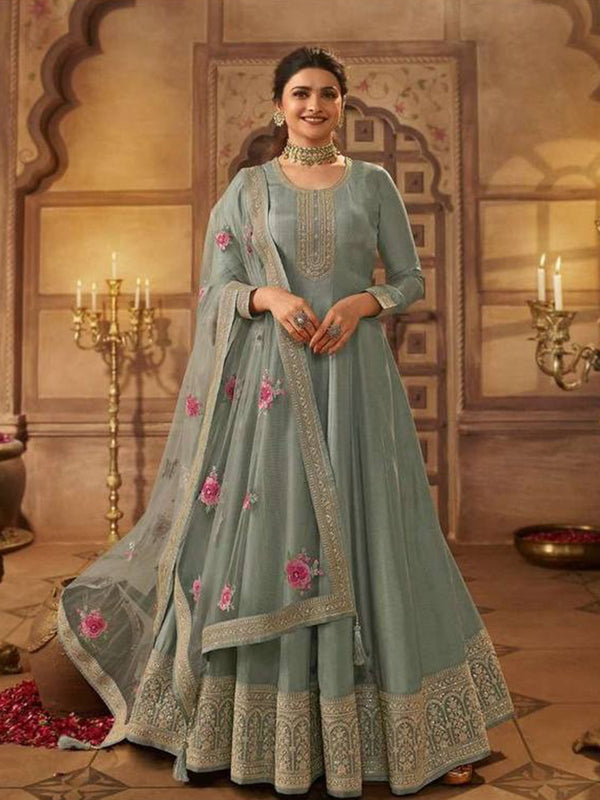 Sage Green Dola Silk Embroidery Anarkali With Dupatta Set