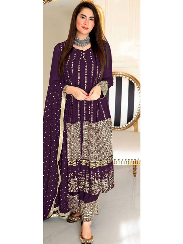 Violet Georgette Embroidery Anarkali With Dupatta Set