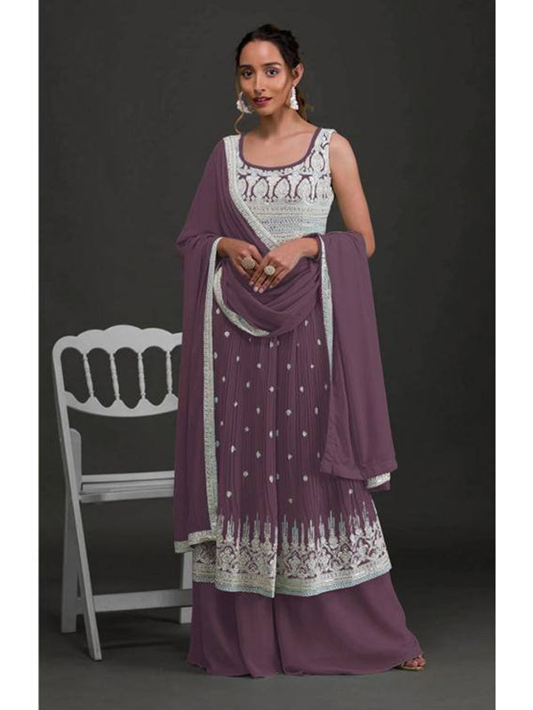 Dusty Purple Georgette Embroidery Anarkali With Dupatta Set