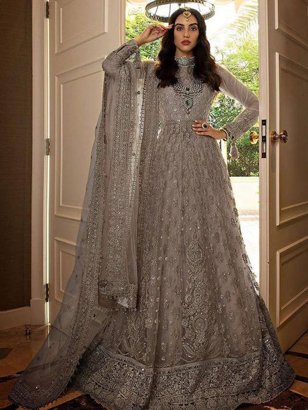 Grey Butterfly Net Embroidery Anarkali With Dupatta Set