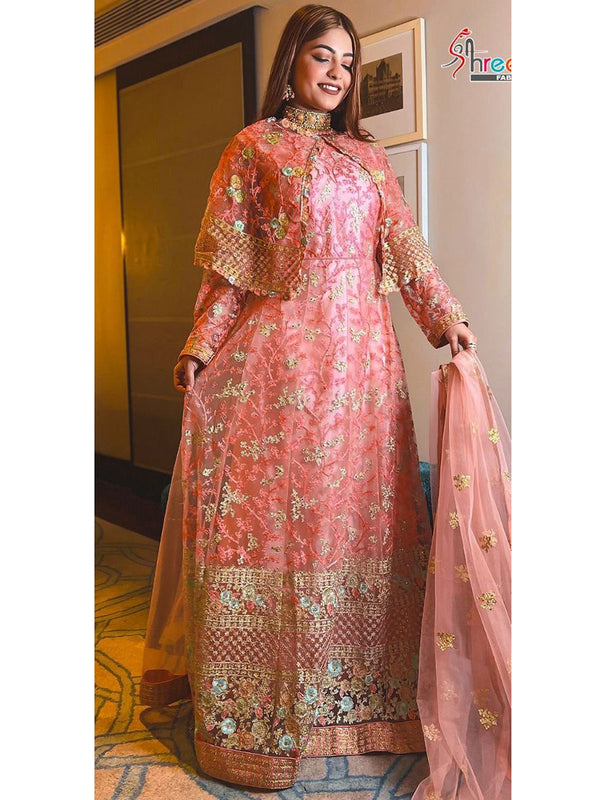 Baby Pink Net Embroidery Anarkali With Dupatta Set