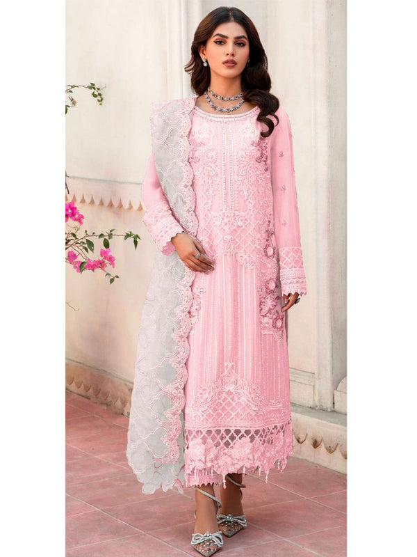 Pink Organza Embroidery Anarkali With Dupatta Set