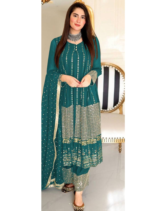 Teal Green Georgette Embroidery Anarkali With Dupatta Set