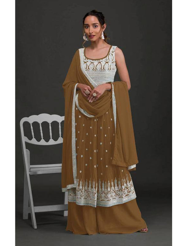 Brown Georgette Embroidery Anarkali With Dupatta Set