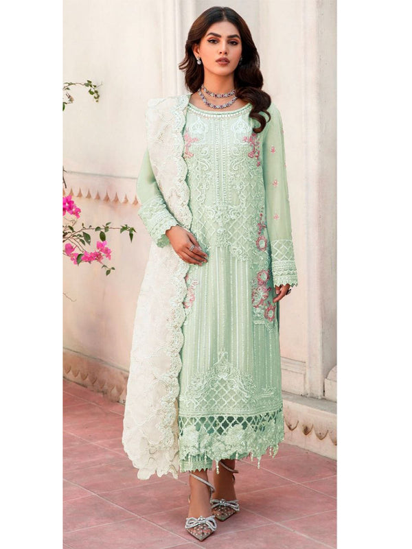 Mint Organza Embroidery Anarkali With Dupatta Set