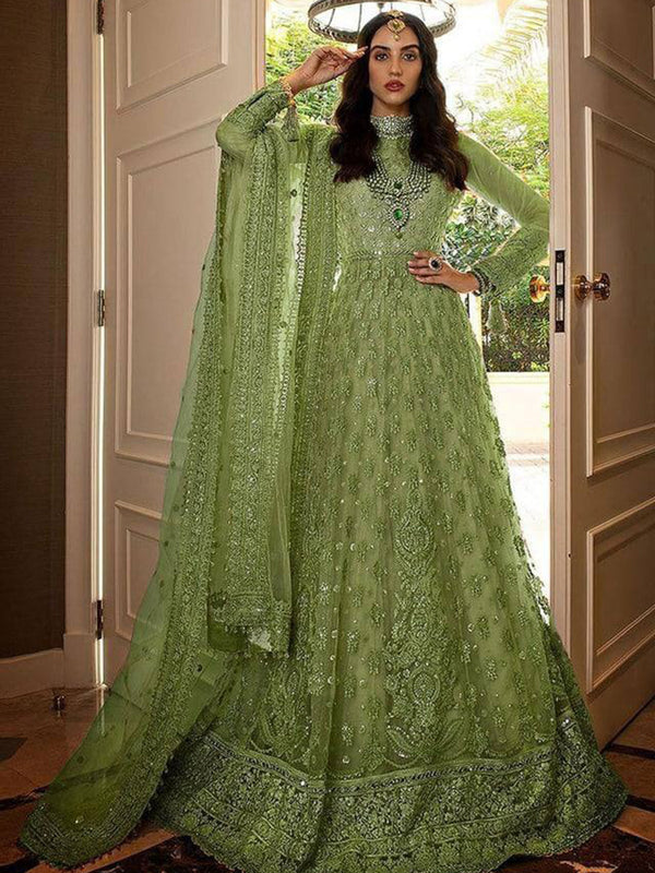 Green Butterfly Net Embroidery Anarkali With Dupatta Set