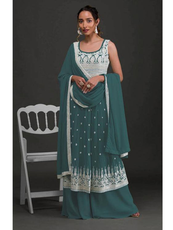 Teal Georgette Embroidery Anarkali With Dupatta Set