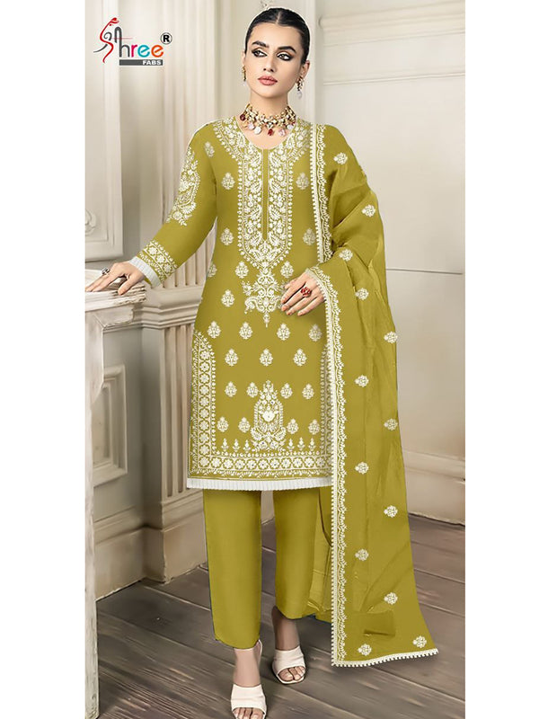 Green Organza Embroidery Anarkali With Dupatta Set