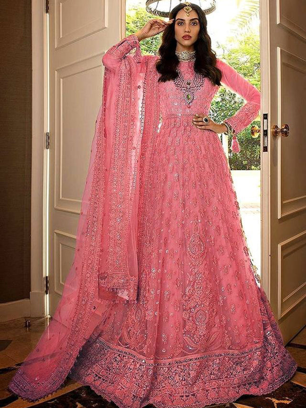 Pink Butterfly Net Embroidery Anarkali With Dupatta Set