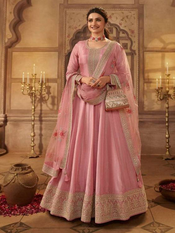 Pink Dola Silk Embroidery Anarkali With Dupatta Set