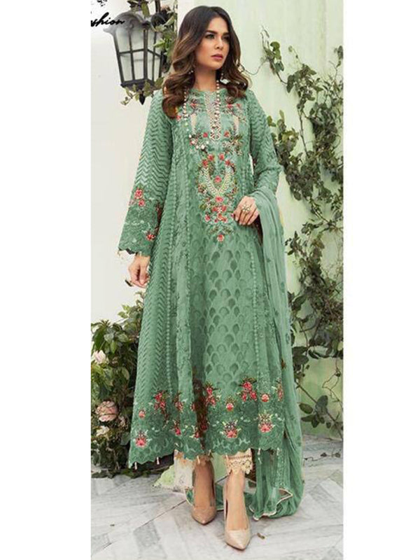 Green Georgette Embroidery Anarkali With Dupatta Set