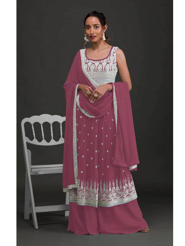 Plum Georgette Embroidery Anarkali With Dupatta Set