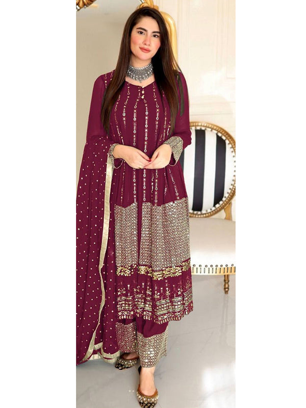 Wine Georgette Embroidery Anarkali With Dupatta Set