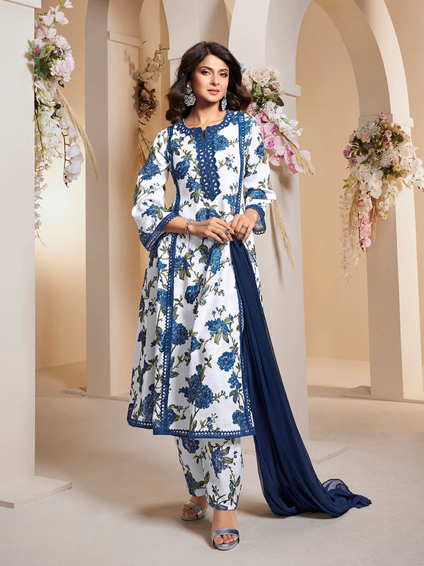 Jashvi Jennifer Winget Blue Floral Printed Kurta with Palazzos & Dupatta.