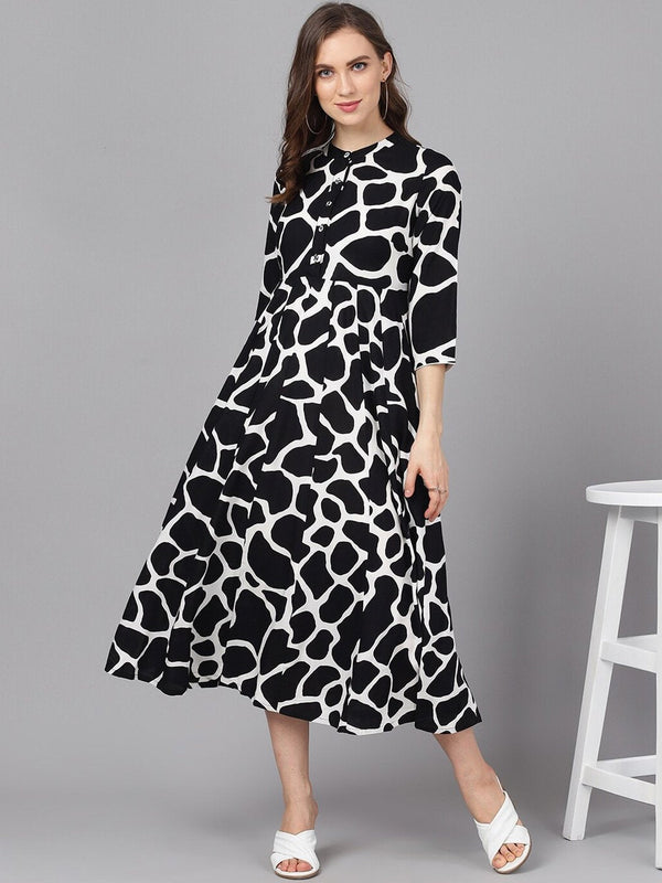 Women's  Black Printed A-Line Dress - AKS