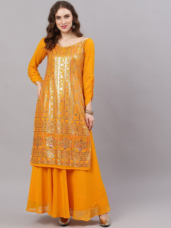 Women's  Yellow & Gold-Toned Embroidered Made To Measure Kurta with Palazzos - AKS