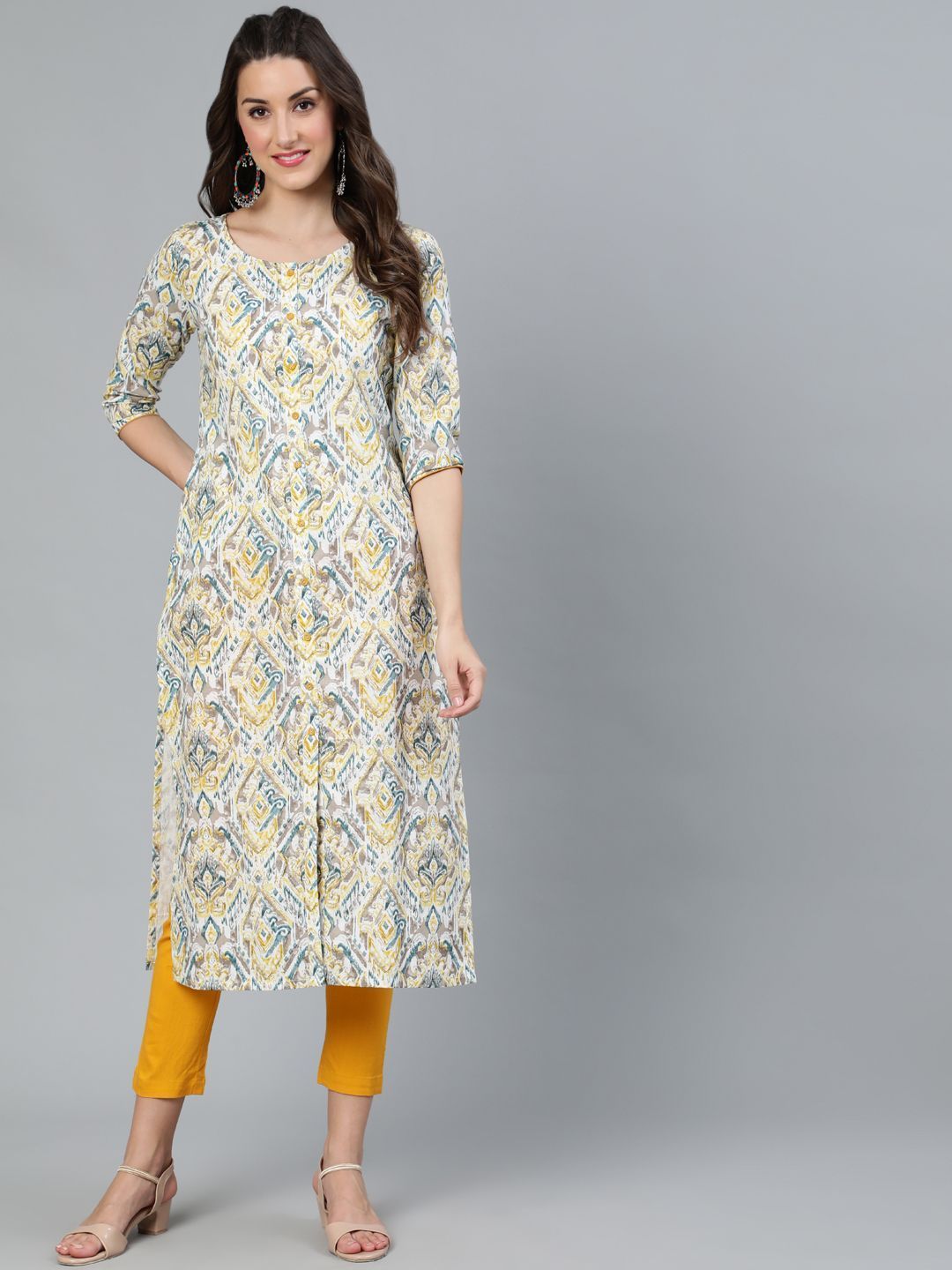 Women's White & Yellow Printed Straight Kurta - AKS