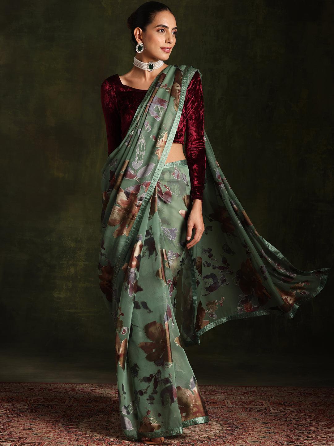 Green Printed Brasso Saree With Unstitched Blouse Piece - Jashvi