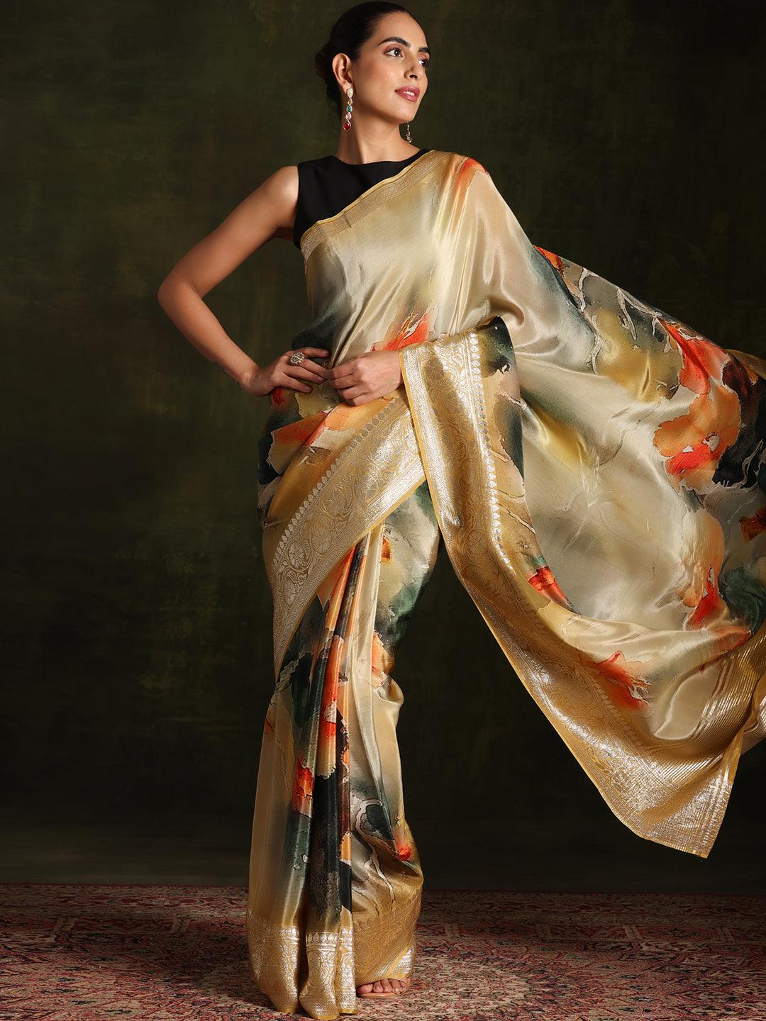 Yellow Printed Organza Saree With Unstitched Blouse Piece - Jashvi