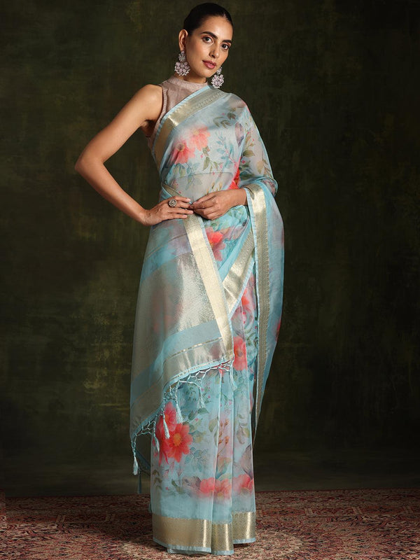 Turquoise Printed Silk Blend Saree With Unstitched Blouse Piece - Jashvi