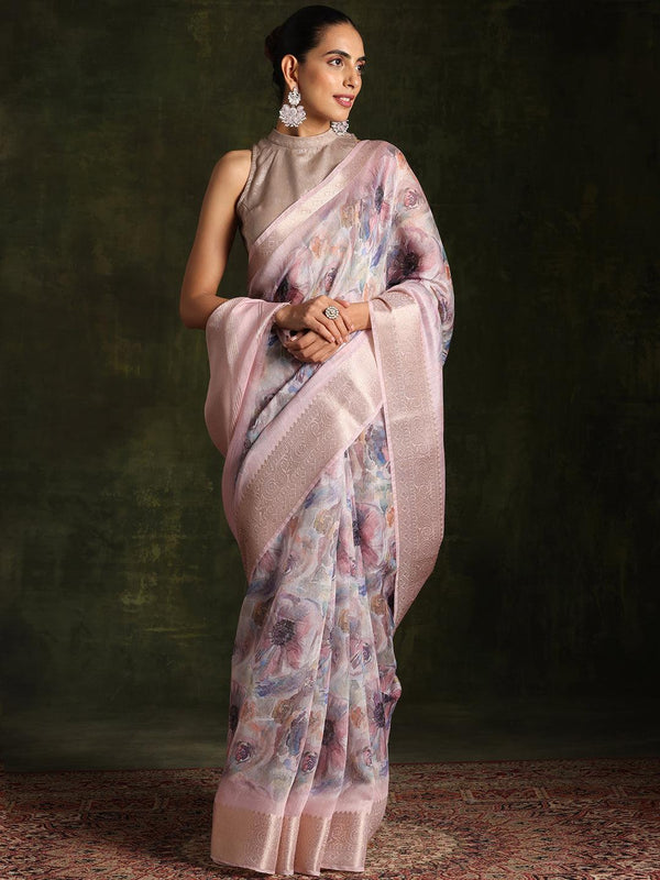 Multicoloured Printed Silk Blend Saree With Unstitched Blouse Piece - Jashvi