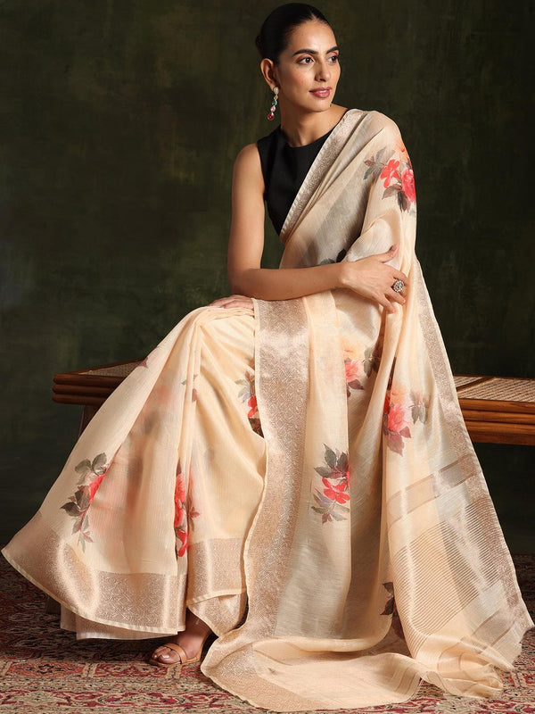 Yellow Printed Silk Blend Saree With Unstitched Blouse Piece - Jashvi