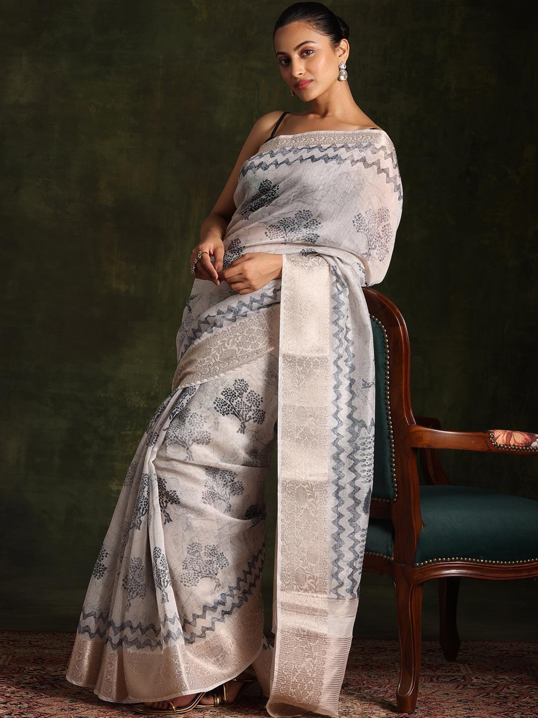 Grey Printed Silk Blend Saree With Unstitched Blouse Piece - Jashvi