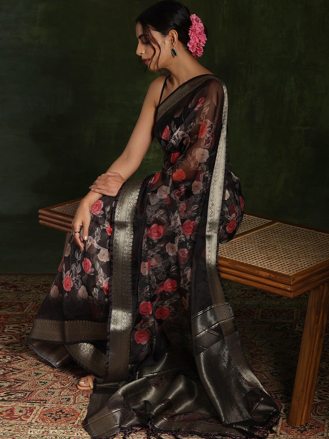 Black Printed Organza Saree With Unstitched Blouse Piece - Jashvi