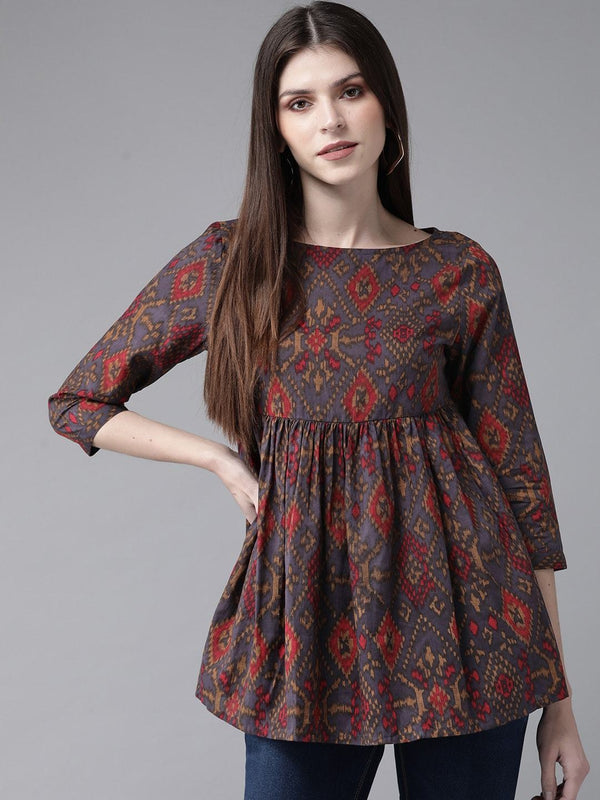 Women's Blue & Brown Printed Tunic - AKS