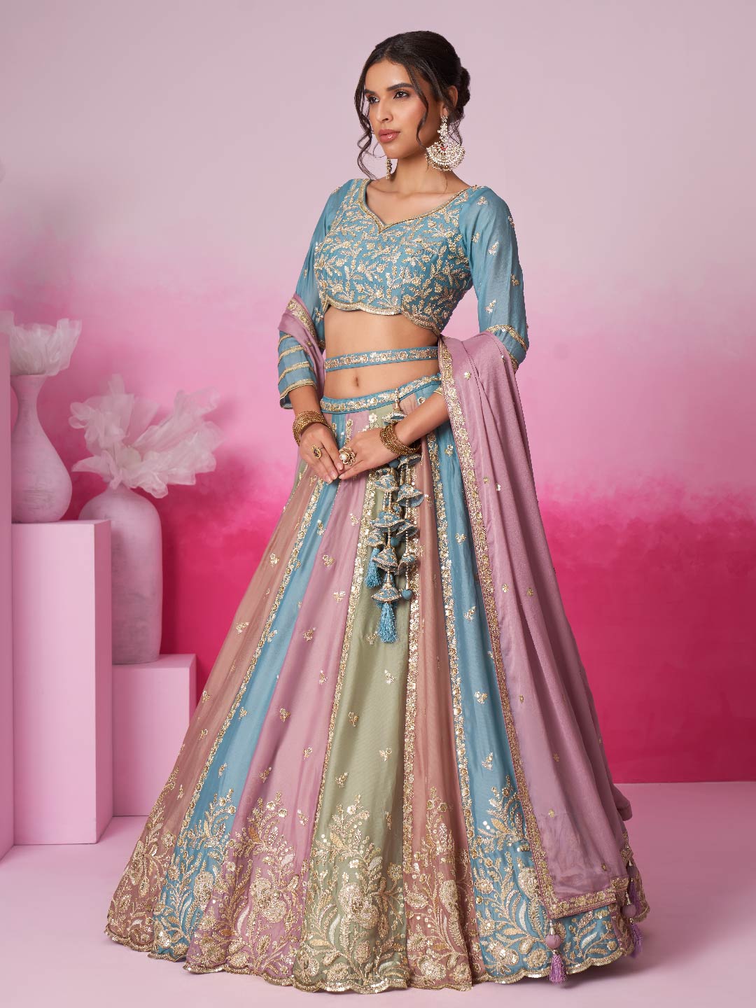 Women's Turquoise Blue Georgette Sequins Embroidery Lehenga Choli & Dupatta - Royal Dwells