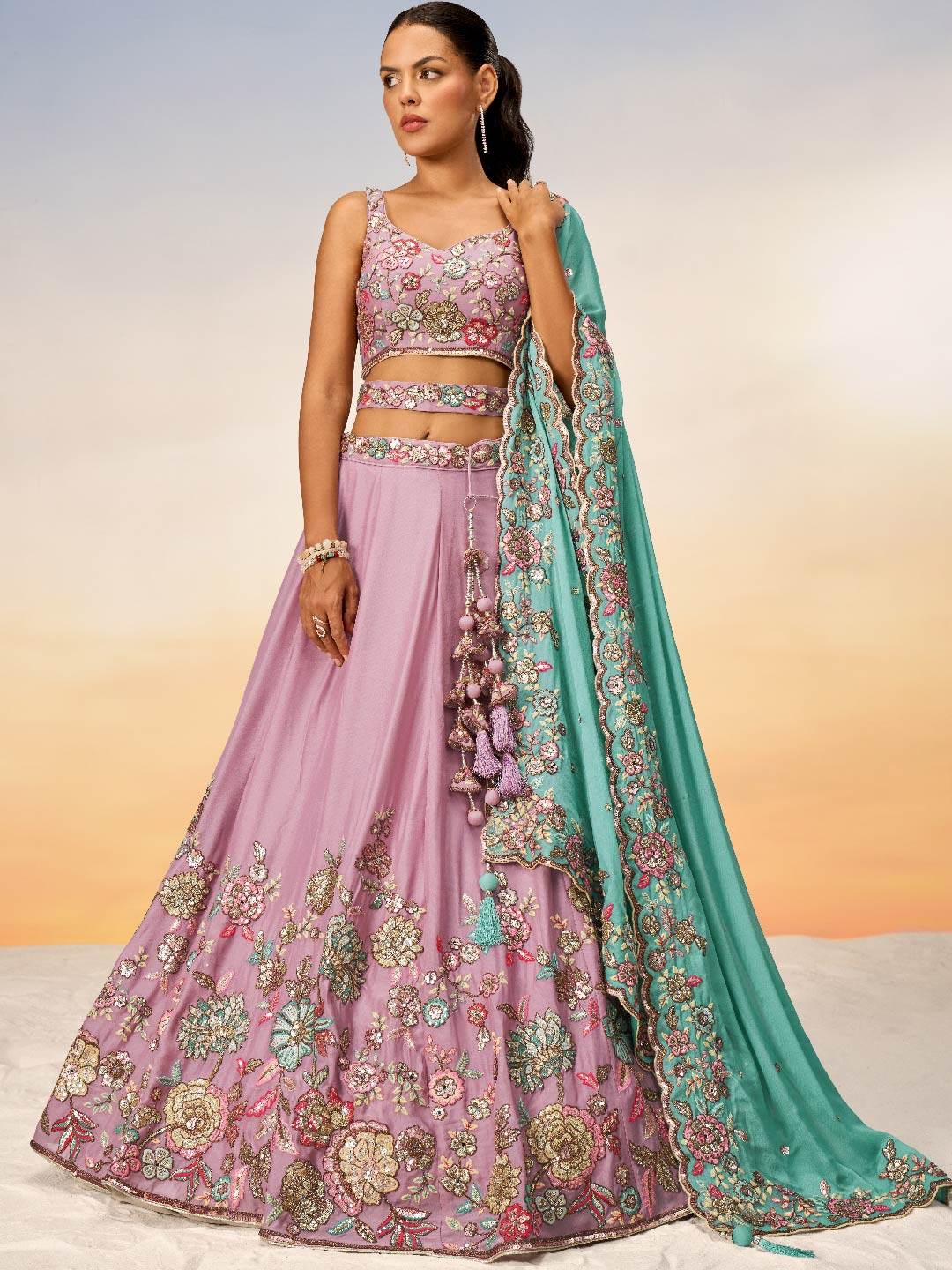 Women's Mauve Pure Georgette Mirror With Sequins Embroidery Lehenga Choli & Dupatta - Royal Dwells